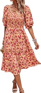 PRETTYGARDEN Women's Summer Casual Dresses 2026 Spring Puff Sleeve Square Neck A Line Flowy Boho Floral Smocked Midi Dress