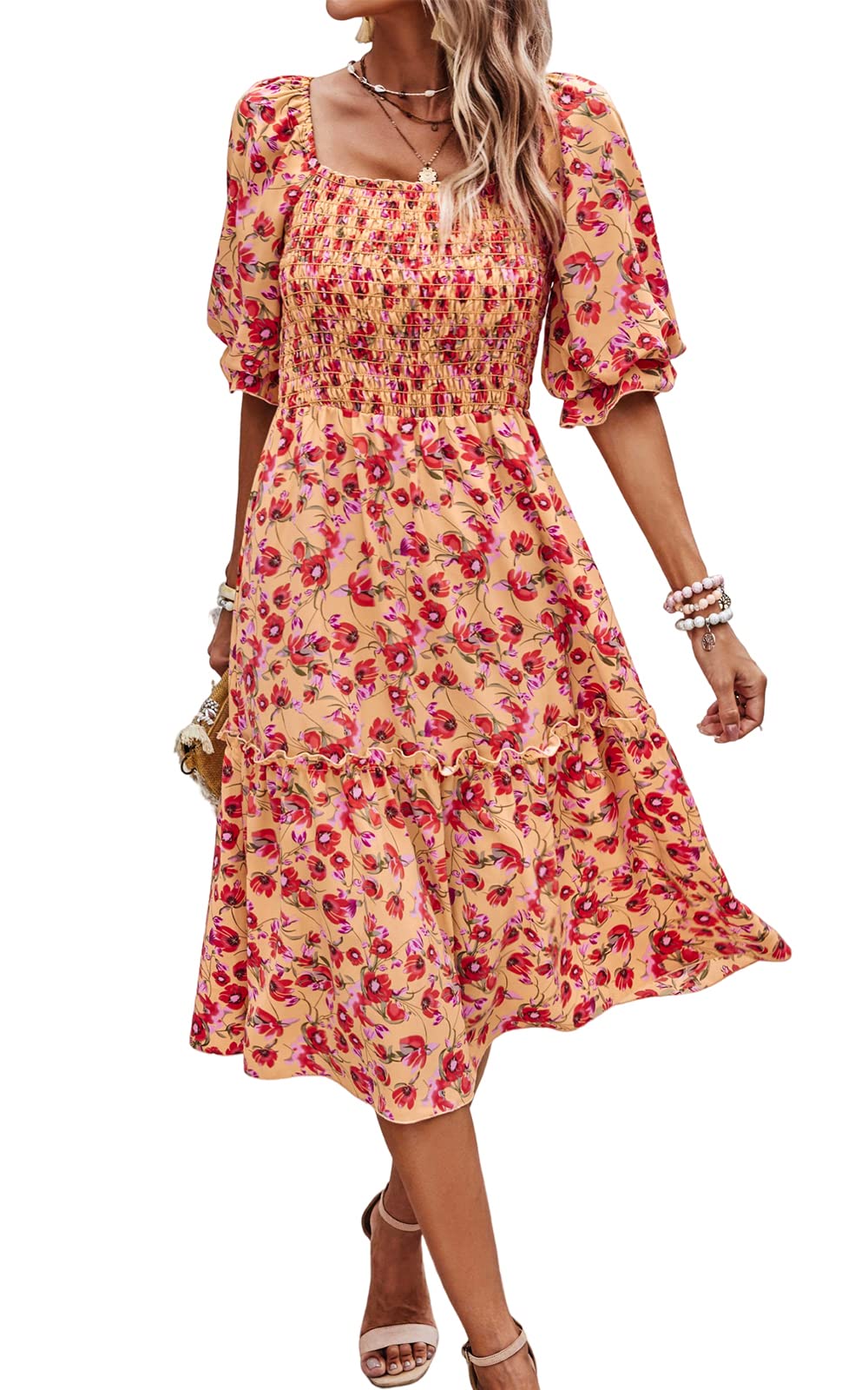PRETTYGARDEN Women's Summer Casual Dresses 2026 Spring Puff Sleeve Square Neck A