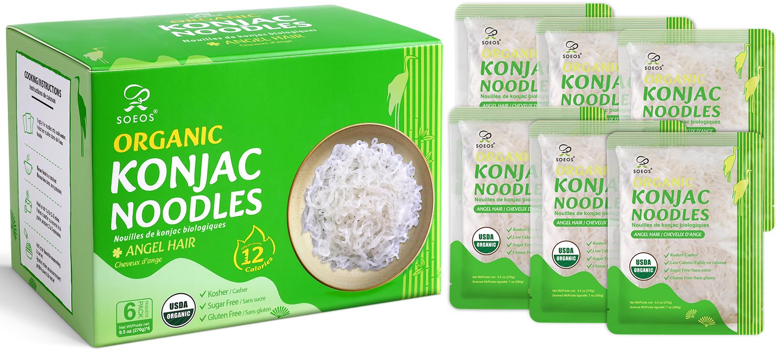 Soeos Organic Konjac Angel Hair Noodles, 6 Packs (270g per Pack) – CReady-to-Eat