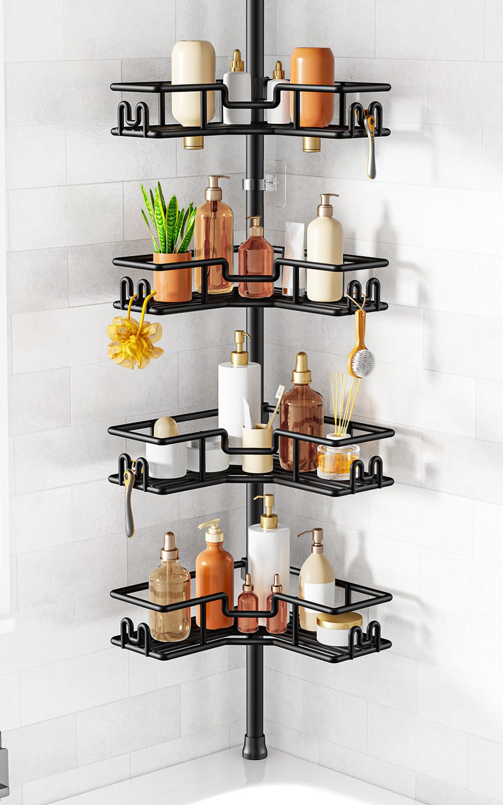 HAMITOR Shower Caddy Tension Pole, 4 Tier Bathroom Corner Shelf, Black | L-Shape