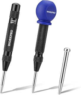 WORKPRO 2PCS Automatic Center Punch, Adjustable Spring Loaded Center Punch | Extra Replacement Tip, Metal Punch Tool, Center Hole Punch, For Wood, Metal, Plastic