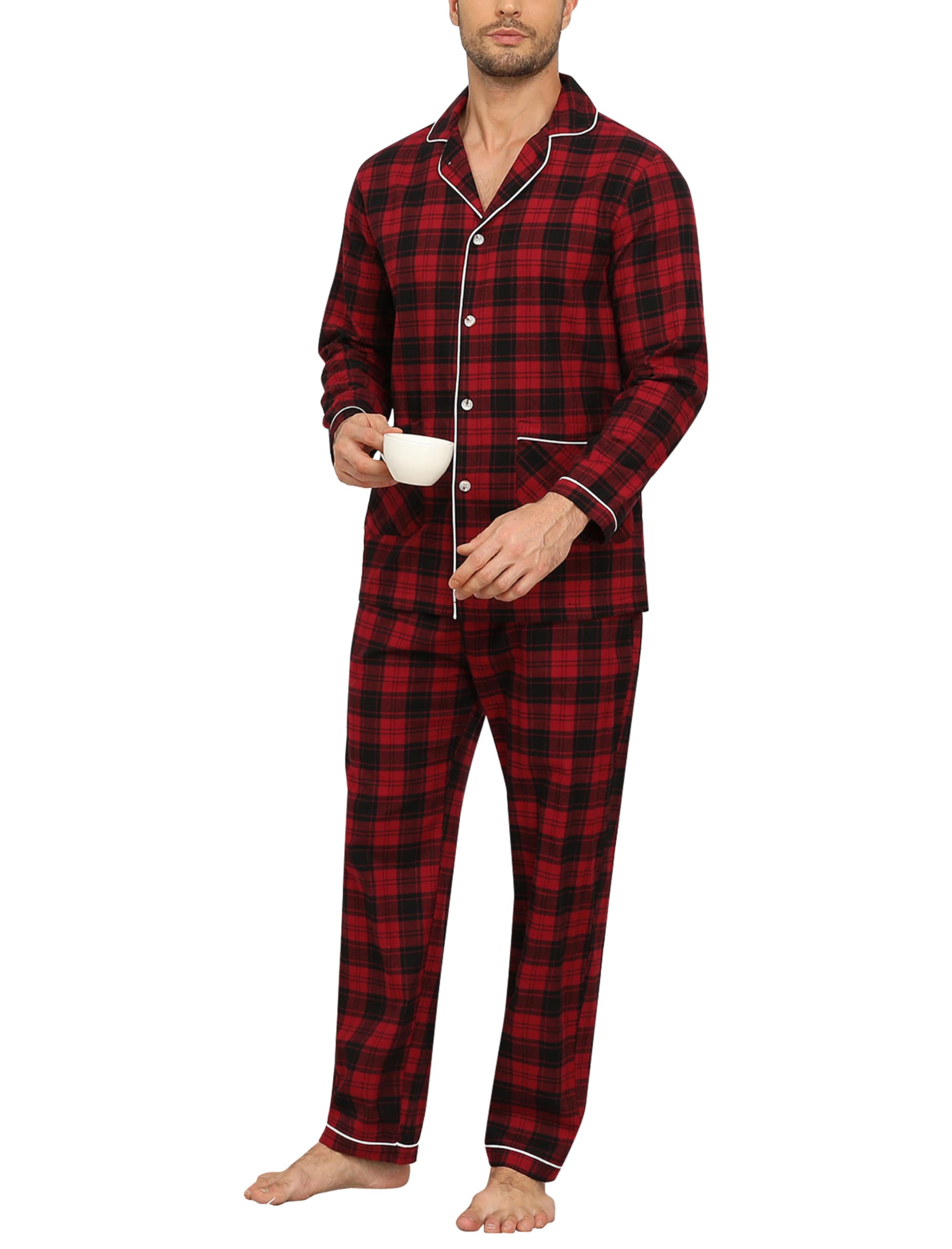 MoFiz Men's Pyjamas Long Cotton Winter Pyjamas with Buttons Long Sleeves Pajamas