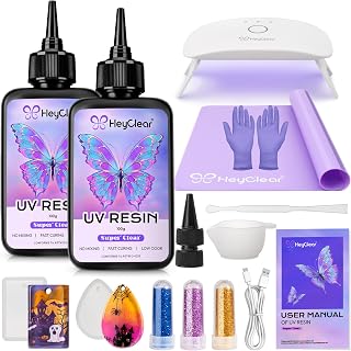 HeyClear UV Resin Kit with Light, Molds 200g Clear UV Epoxy Cure for Crafts | Crystal Clear and Hard UV Resin Glue with UV Lamp Fast Curing for Beginners Crafting, Jewelry Making, DIY Craft Decorations