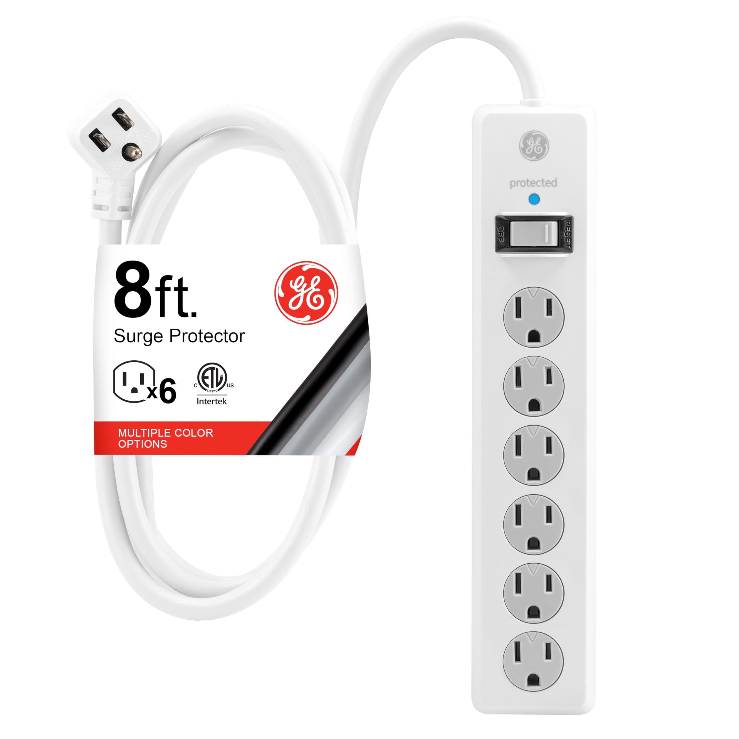 GE Surge Protector Power Strip, 8 Ft Extension Cord, 6 Outlet Extender, 800 Joul