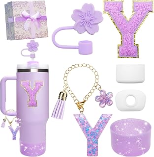 Purple Accessories for Stanley Cup 30OZ 40OZ, All Accessories Gift Box Contain Flower Straw Topper, Sillicone Boot, Letter Stickers and Pendants,Spill Stopper Set (Purple Y)