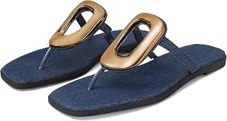Wnshonzy Flip-Flops for Women Thong Sandals Flat Black Slip on Slides Leather Beach Comfort Open Square Toe Ladies Slipper Dressy Metal Hardware Decoration Summer Shoes Casual Fashion
