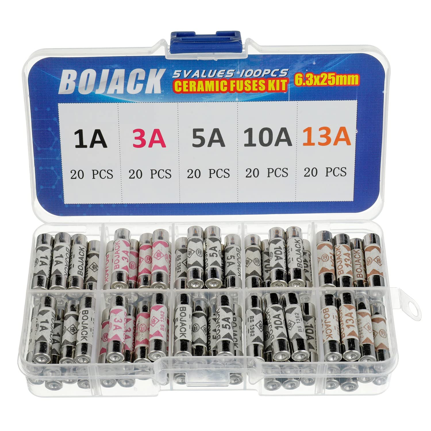 BOJACK 5 Values 100 pcs 1 3 5 10 13 A amp 240 V Volt Household Mains Plug Fuse 6