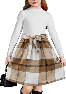 Arshiner Girls Long Sleeve Rib Knit Plaid Patchwork Dress with Pockets