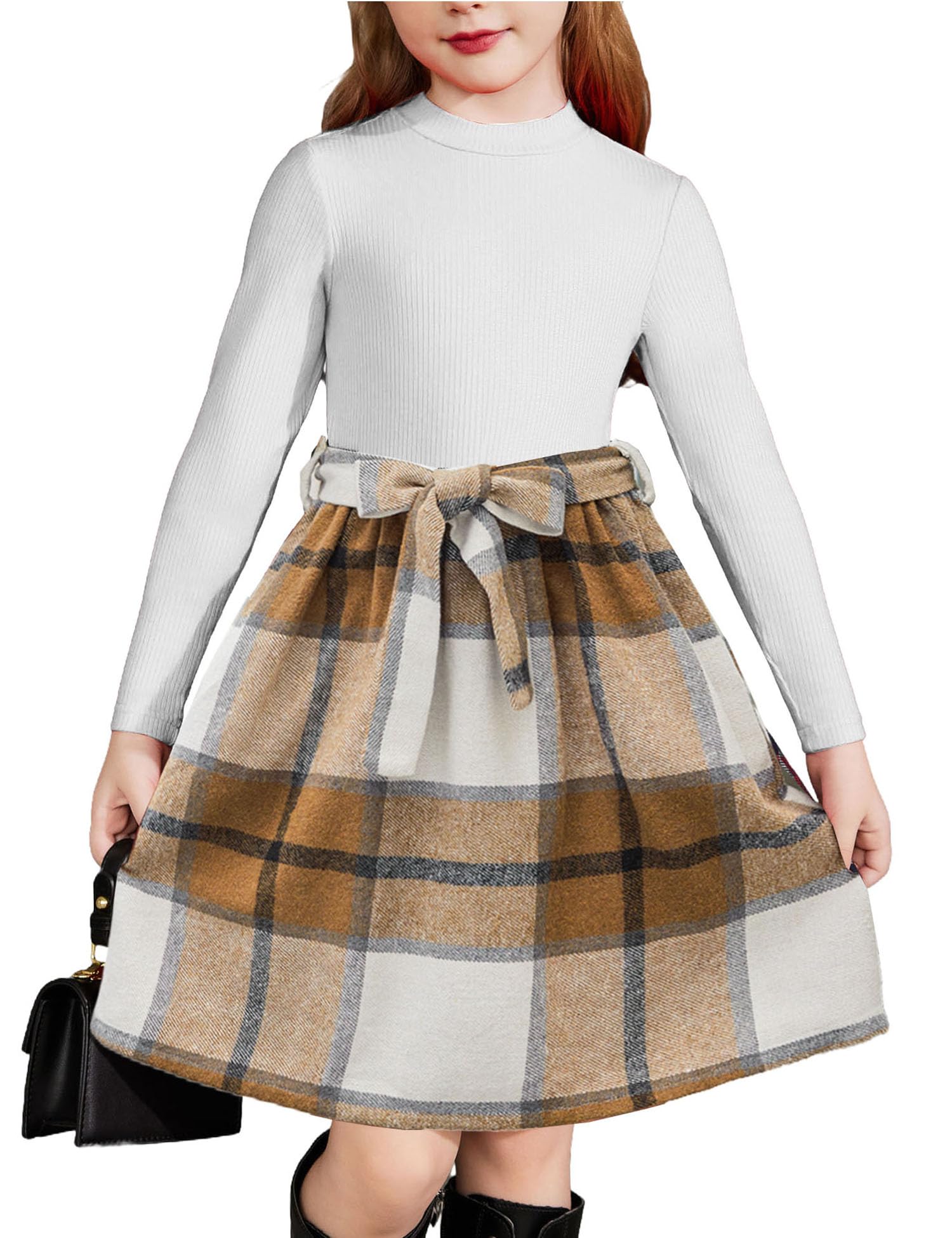 Arshiner Girls Long Sleeve Rib Knit Plaid Patchwork Dress with Pockets