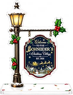 Personalized Christmas Village Sign – Custom Family Name Acrylic Christmas Decor, Freestanding Tabletop Holiday Sign with Snowy Street Lamp & Reindeer Village Scene, Christmas Village Accessory