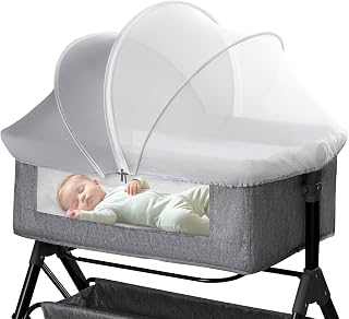 Bassinet Mosquito Net Cover - Half-Blackout Mosquito Net for Baby Crib &amp; Bedside Sleeper, Breathable Crib net with 2-Way Zipper, Sun-Blocking Baby Mosquito Net Cover (Gray-Small)