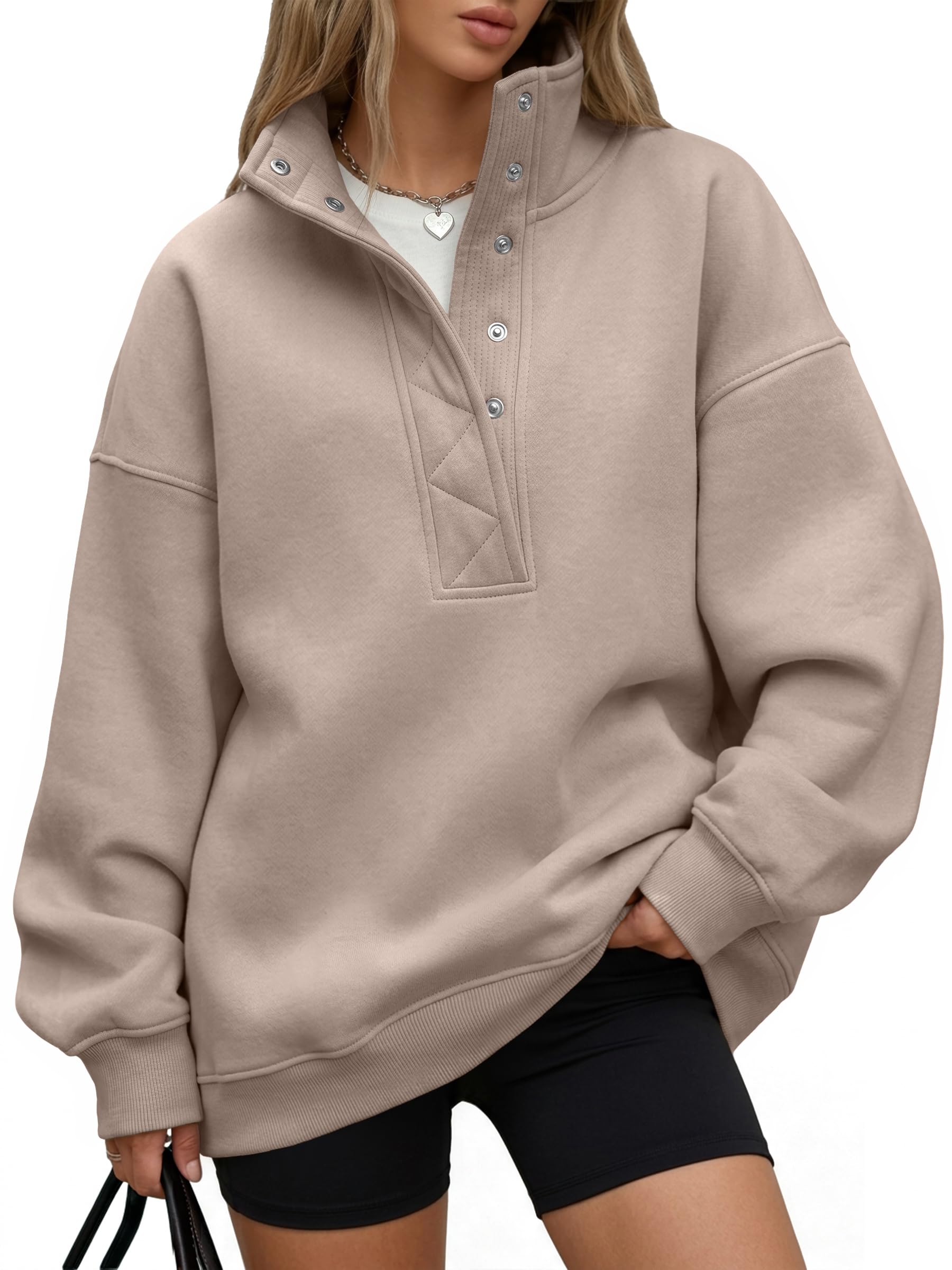 Trendy Queen Womens Oversized Sweatshirts with Snap Button Henley Collar | Soft 