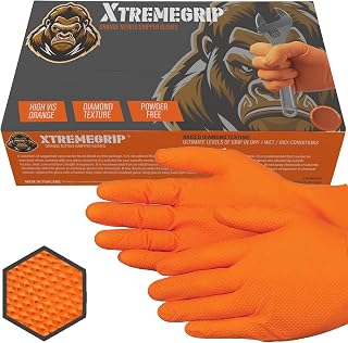 Xtremeauto Nitrile Gloves - Disposable Gloves, Diamond Grip Orange Gloves - Powder-free & Latex Free Nitrile Gloves, Extra Thick & Strong Rubber Gloves (1 Box, Large)