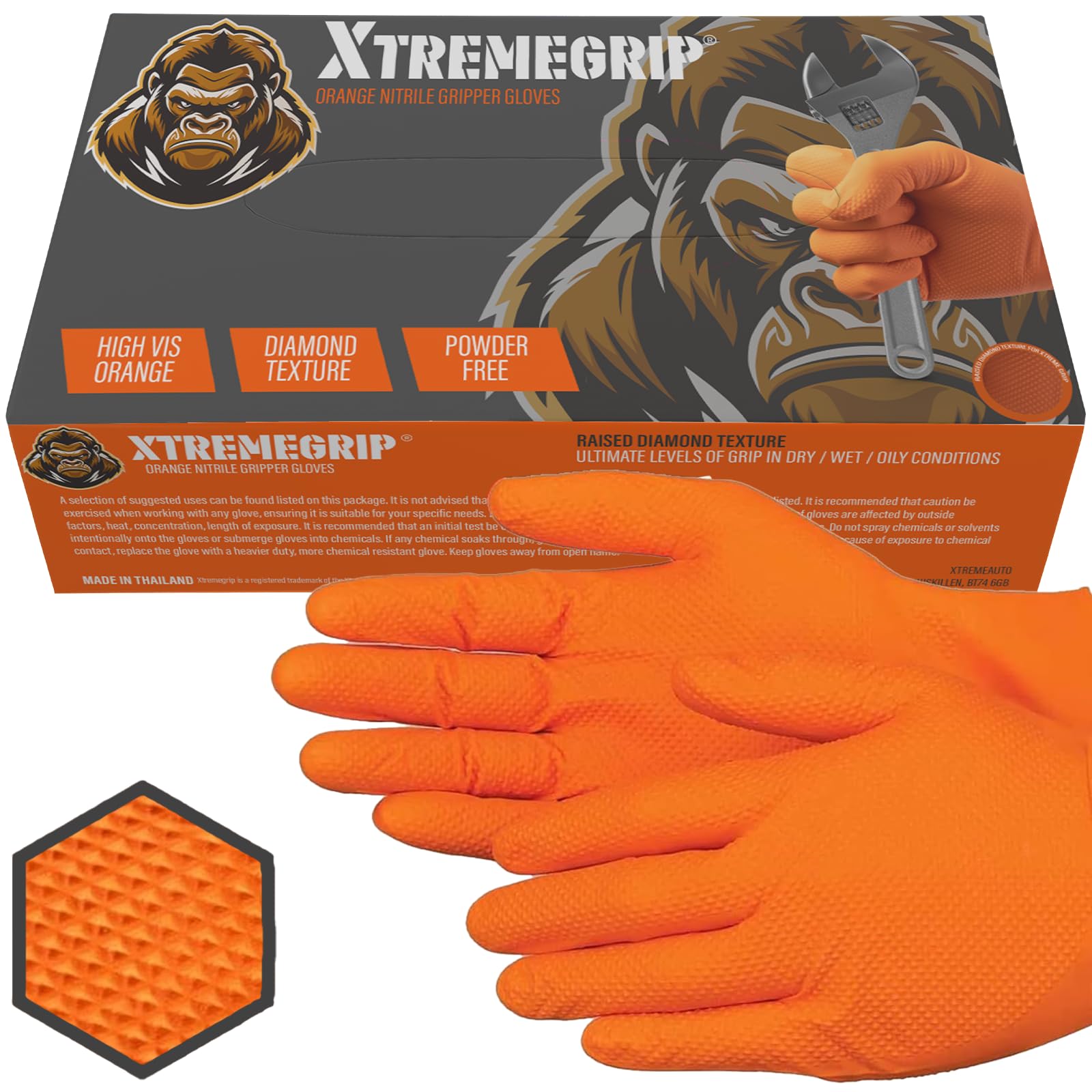 Xtremeauto Nitrile Gloves - Disposable Gloves, Diamond Grip Orange Gloves - Powd