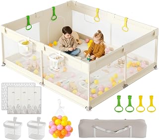 ZEEBABA 71x59in Baby Playpen with Mat, Play Yard for Toddlers (Beige) | Room for parents & kids to play, wipeable mat for fast cleanup, anti-tip frame, full matching playpen accessories