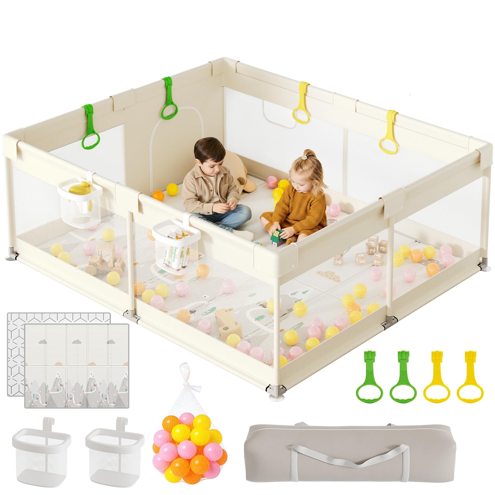 ZEEBABA 71x59in Baby Playpen with Mat, Play Yard for Toddlers (Beige) | Room for