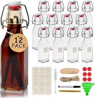 Ruckae 8.5oz 12pack Square Swing Top Glass Bottles with Lids for Vanilla | Reusable Flip Top Glass Bottle, Airtight Pop Top Bottles for Kombucha,Kefir,Syrup,Vanilla Extract,Brewing and Homemade Gifts