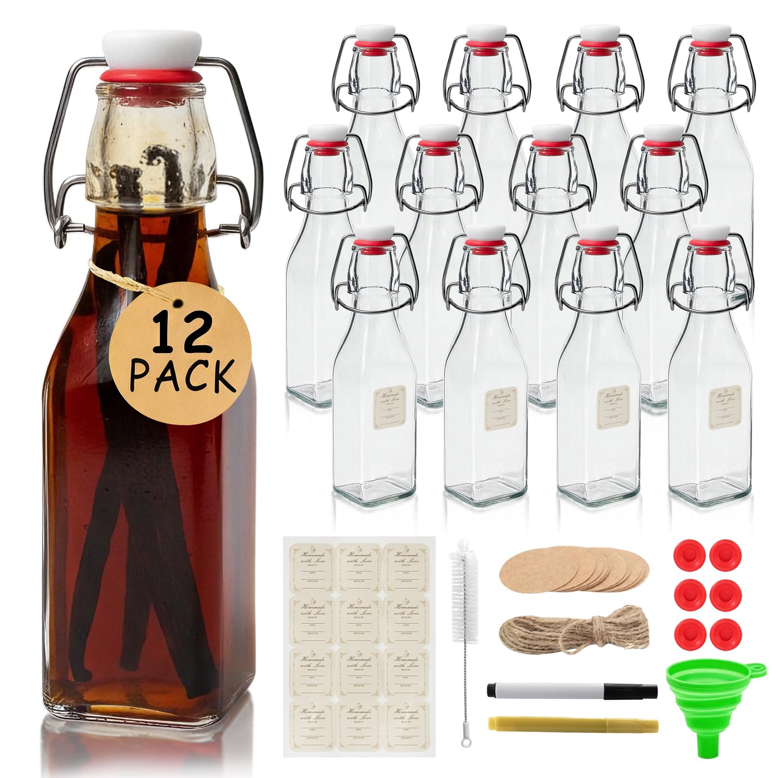 Ruckae 8.5oz 12pack Square Swing Top Glass Bottles with Lids for Vanilla | Reusa