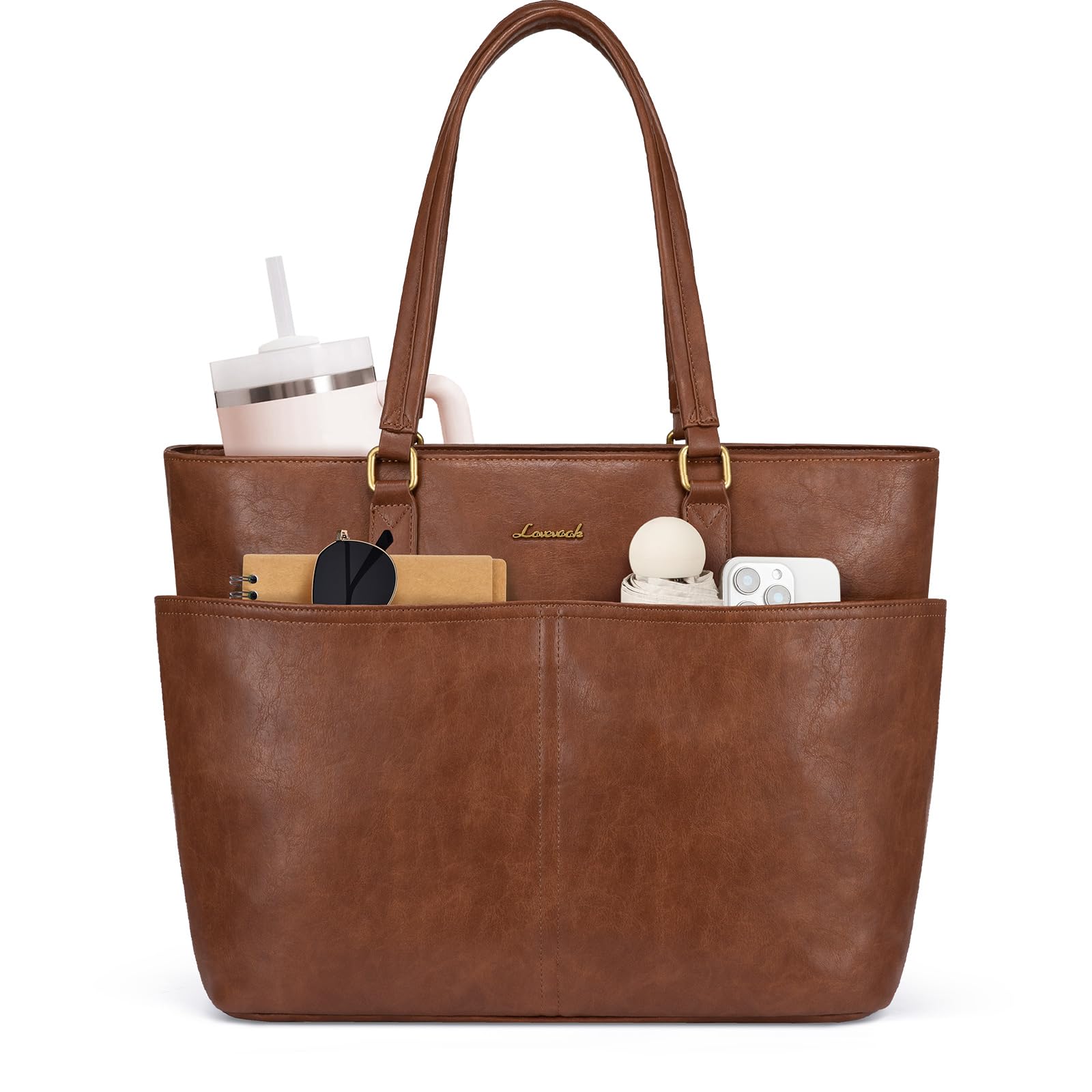 LOVEVOOK Work Tote Bags for Women, Vintage Leather 15.6 Inch Laptop Bag with Lar