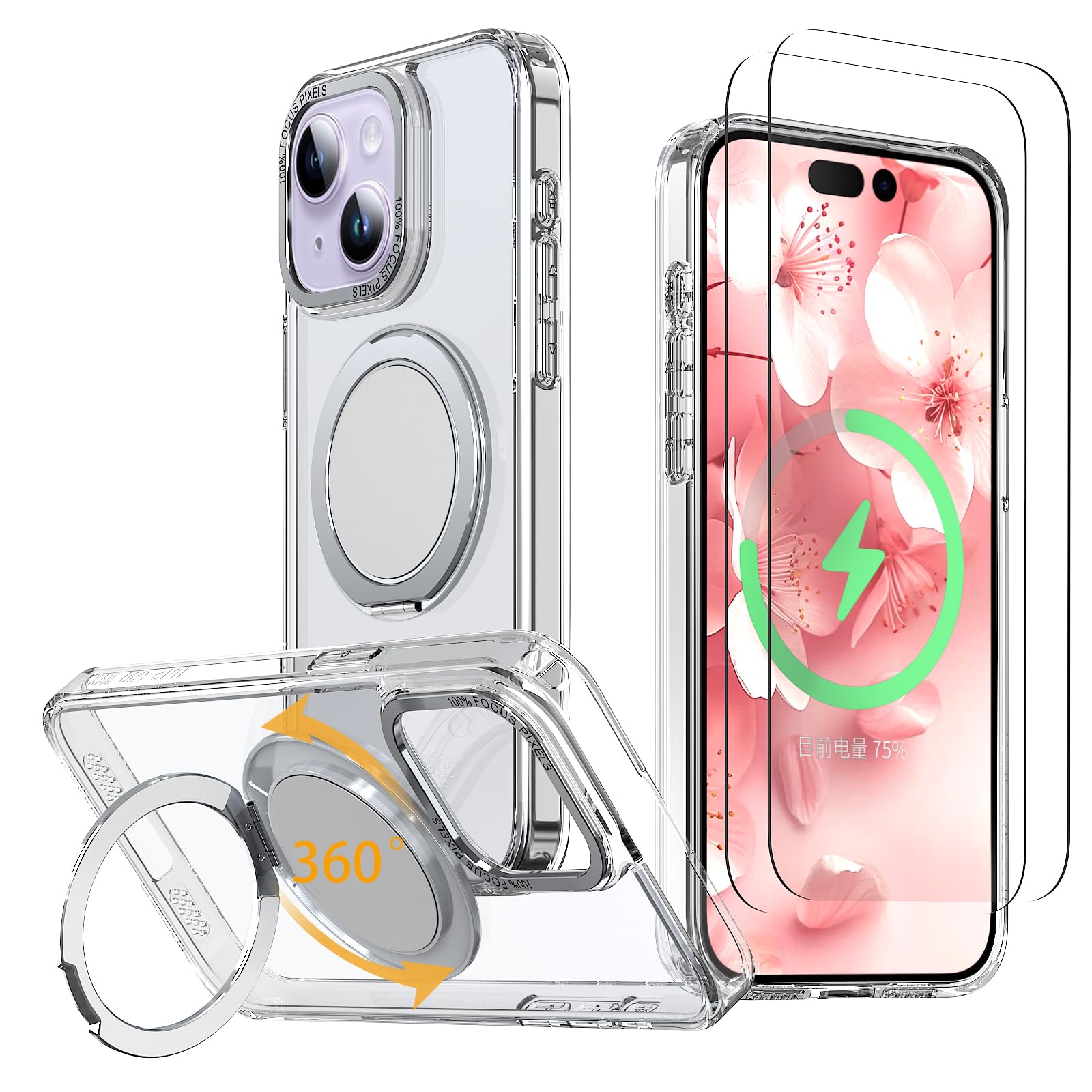 Strong Magnetic for iPhone 13/14 Case with 360° Rotatable Stand [with 2 Tempered