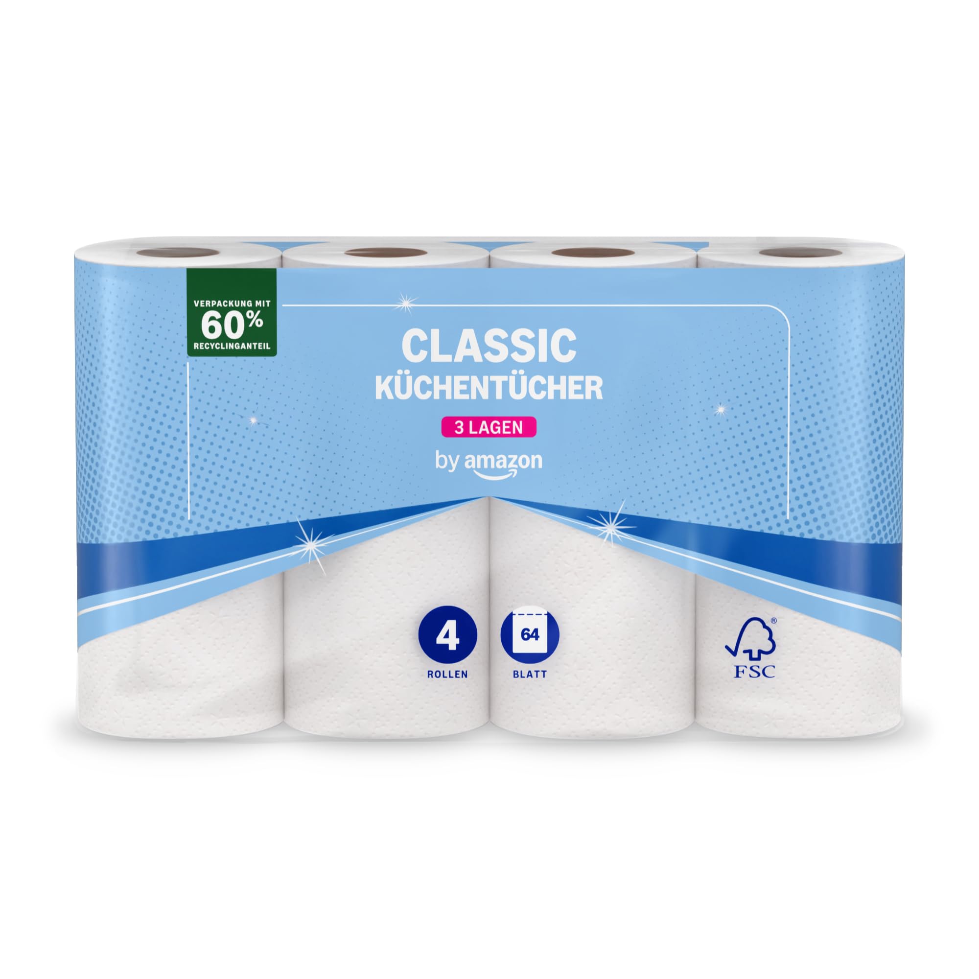 by Amazon Kitchen Roll 3 Ply 4 Rolls (4 Rolls 1 Pack) 64 Sheets per Roll FSC Cer