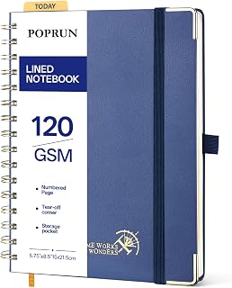 POPRUN Lined Spiral Notebook, Classic A5 Hardback Notebook, 141 Numbered Pages and Self Adhesive Labels, Thick Paper 120gsm Navy (NYB)