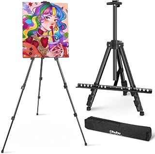 Ohuhu Aluminum Artist Easel Stand, Adjustable 21"–66", with Carry Bag | Lightweight Black Art Easel for Tabletop or Floor Use, Ideal for Painting and Sketching, Great Gift for Artists and Students