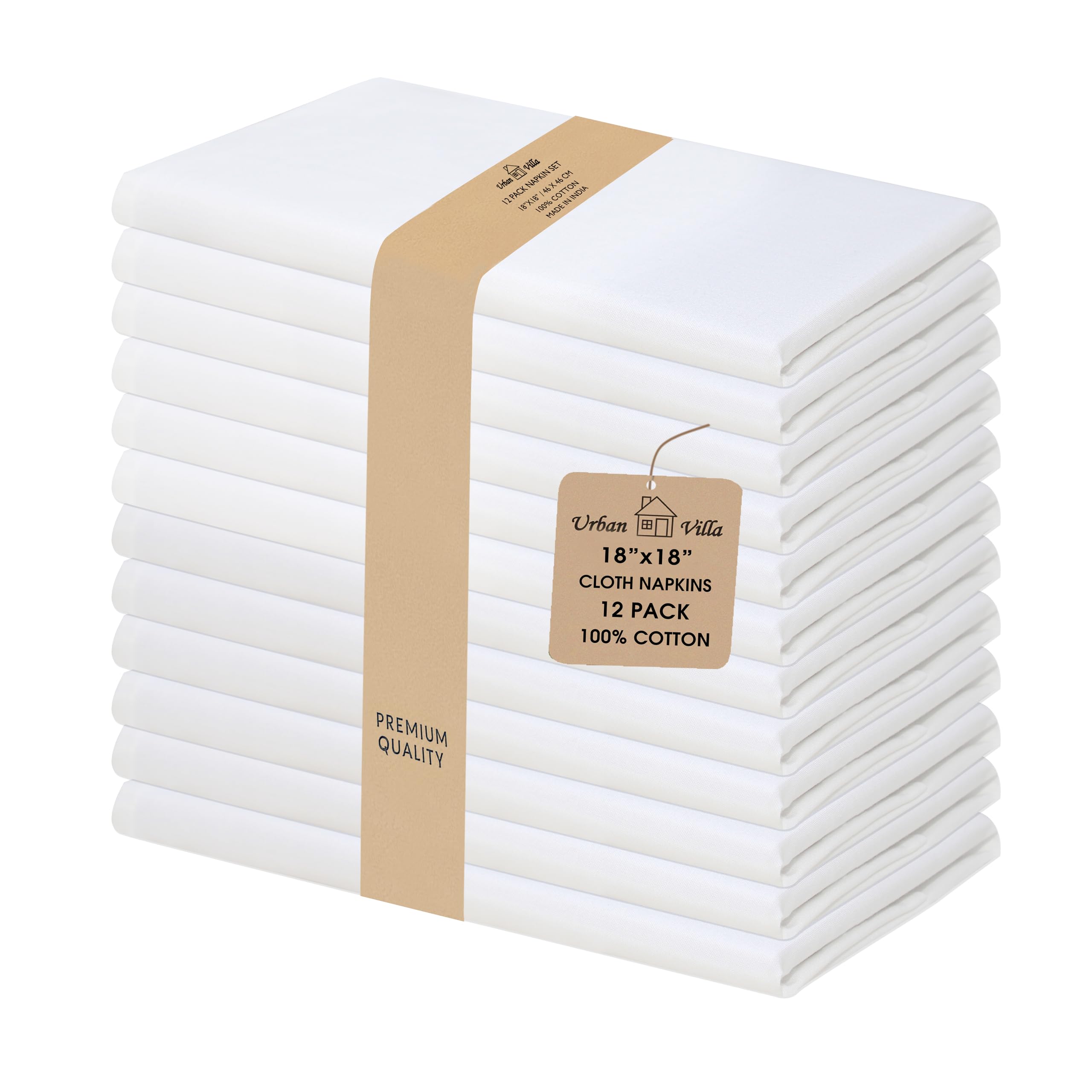 Urban Villa Cloth Napkins White Dinner Napkins Set of 12 (18X18) 100% Cotton Abs