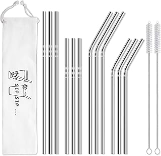 Hiware 12-Pack Reusable Stainless Steel Metal Straws with Case - Long Drinking Straws for 30 oz and 20 oz Tumblers Dishwasher Safe - 2 Cleaning Brushes Included