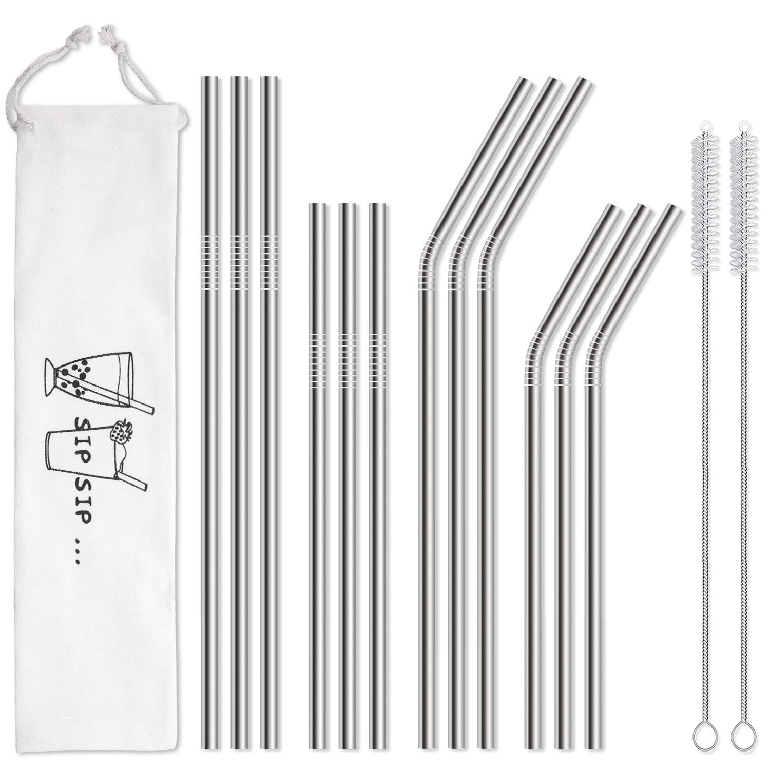 Hiware 12-Pack Reusable Stainless Steel Metal Straws with Case - Long Drinking S