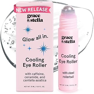 grace &amp; stella Under Eye Serum Roller with Cooling Metal Ball (15ml) | Brightening Caffeine Eye Serum For Puffy Eyes Treatment - Travel Essentials for Women - Under Eye Cream (0.51floz)