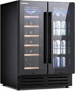 ICEPURE Wine and Beverage Refrigerator 24 Inch, Dual Zone Wine and Beverage Cooler with Glass Door, Freestanding or Built-In Wine Fridge Under Counter Lockable, Hold 19 Bottles and 58 Cans, Dark Black
