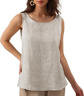 Amazhiyu Pure Linen Tank Tops for Women Sleeveless Crew Neck Summer Tops