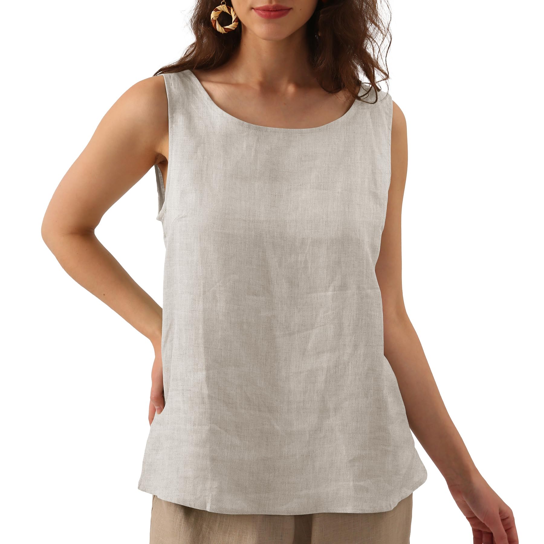 Amazhiyu Pure Linen Tank Tops for Women Sleeveless Crew Neck Summer Tops