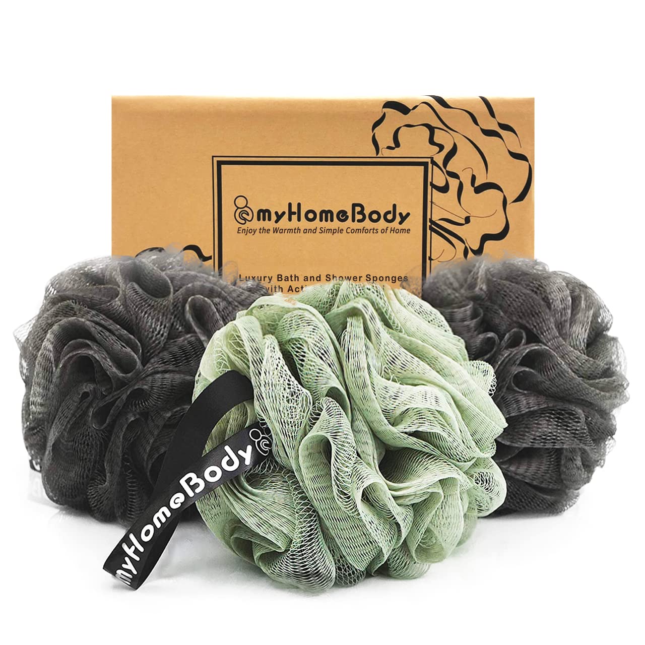 myHomeBody Large 70g Loofah Sponge, 2 Graphite Gray + 1 Sage Green, 3 Pack