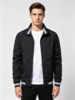 Men's Bomber Jacket Zipper Stand Collar Lightweight Fashion Casual Slim Autumn Long Sleeve Windbreaker Coat Outwear