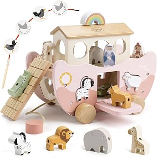 Joyreal Noahs Ark Wooden Toy - Christening Gifts for Girls Boys, Baptism Gifts, Montessori Toys for 1 2 3 Year old, Stacking Baby Toys, Farm Animals Shape Sorter Toddler Toy