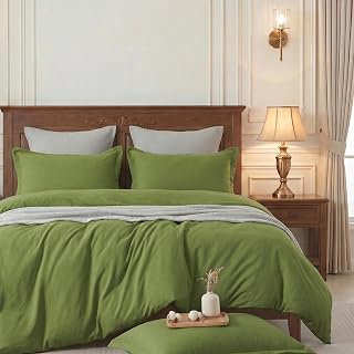 Duvet Cover Set 100% Washed Cotton Linen Like Cal King Size Olive Green