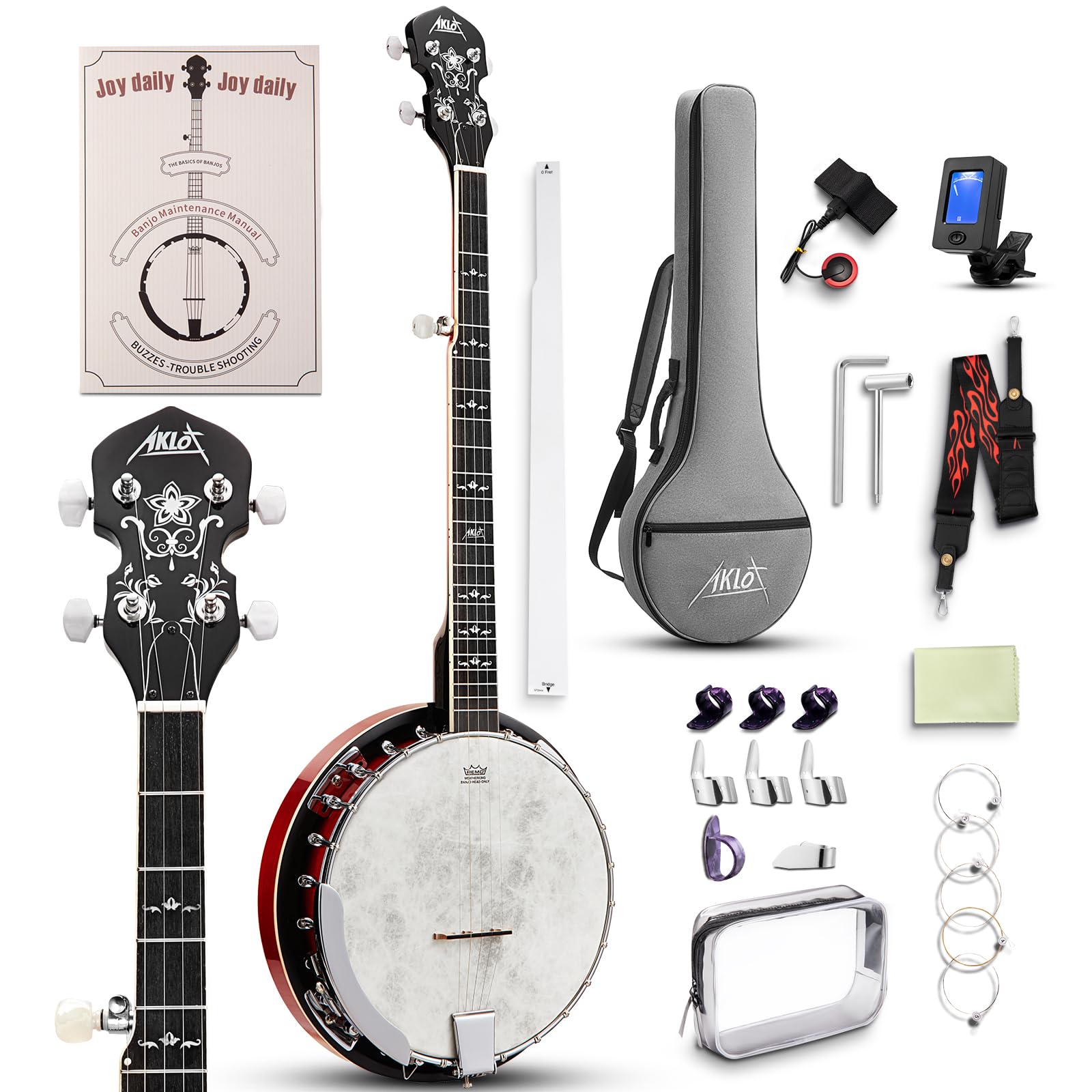 AKLOT Full-Sized Banjo with Remo Head: 38’’ 5 String Banjo Set with Removable Re