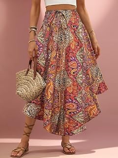 Women's Boho Floral Flowy Midi Skirt Elastic High Waist Pleated A-Line Long Skirt