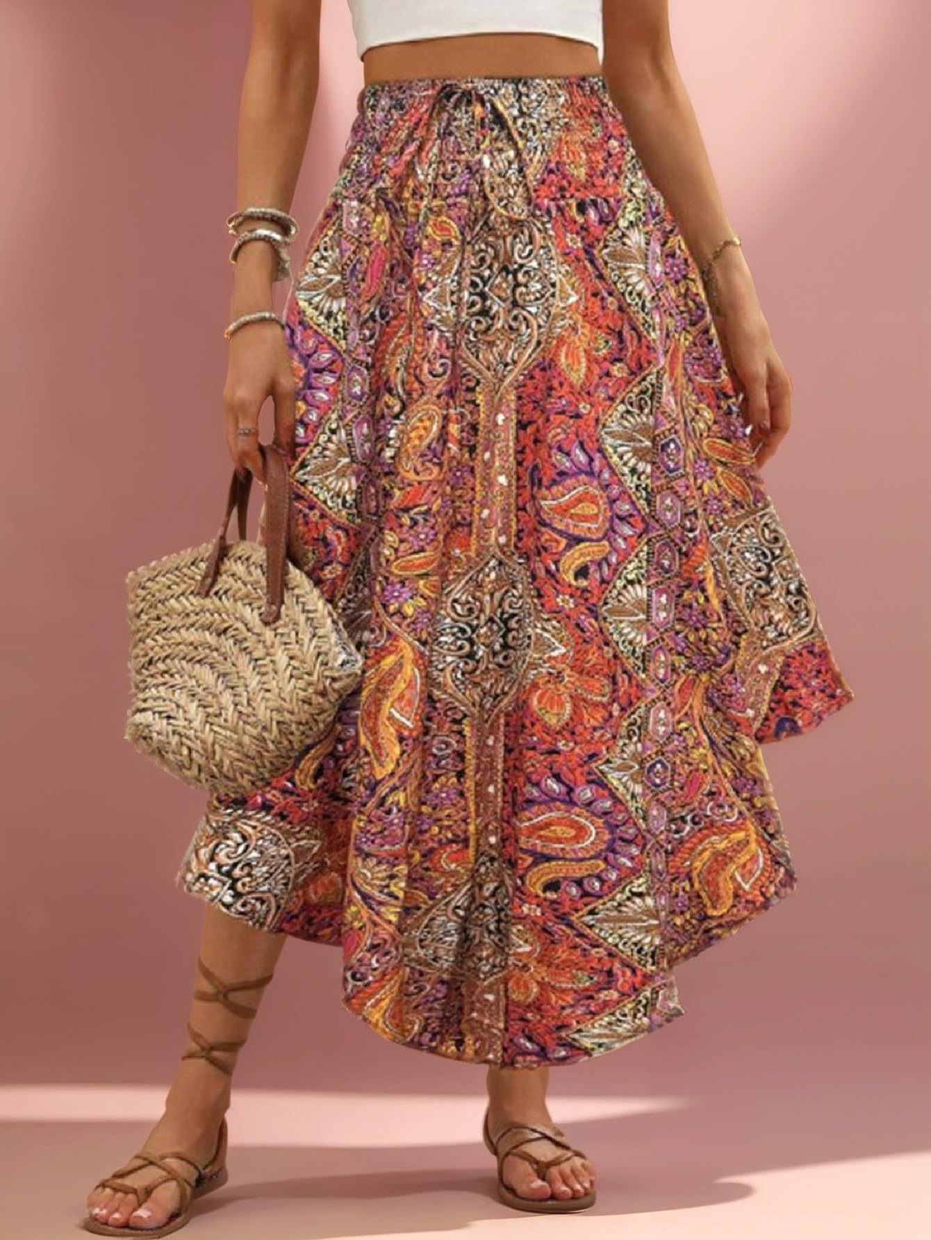 Women's Boho Floral Flowy Midi Skirt Elastic High Waist Pleated A-Line Long Skir