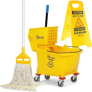 Simpli-Magic Upward Press Wringer Combo Commercial Mop Bucket on Wheels, 35 Quart,Yellow, Including Wet Floor Caution Sign and Mop Set
