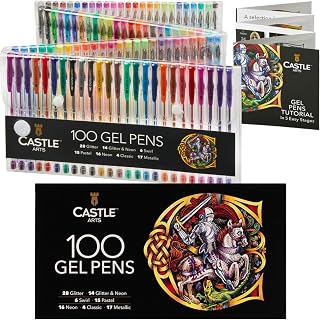 Castle Art Supplies Set of 100 Gel Pens with Case for Adults or Beginners - Perfect for Coloring, Scrapbooking, Writing, Swirl Pastels, Metallic Glitter and Neon Smooth Fine Tip Gel