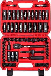 96-Piece 3/8" Drive Impact Socket Wrench and Bit Set, SAE 5/16”-3/4” &amp; Metric 8-22mm, Cr-V Standard &amp; Deep Sockets, Power Bits, Ratchet Handle, Universal Joint, Bit Holder, Adapters, Spark Plug Socket