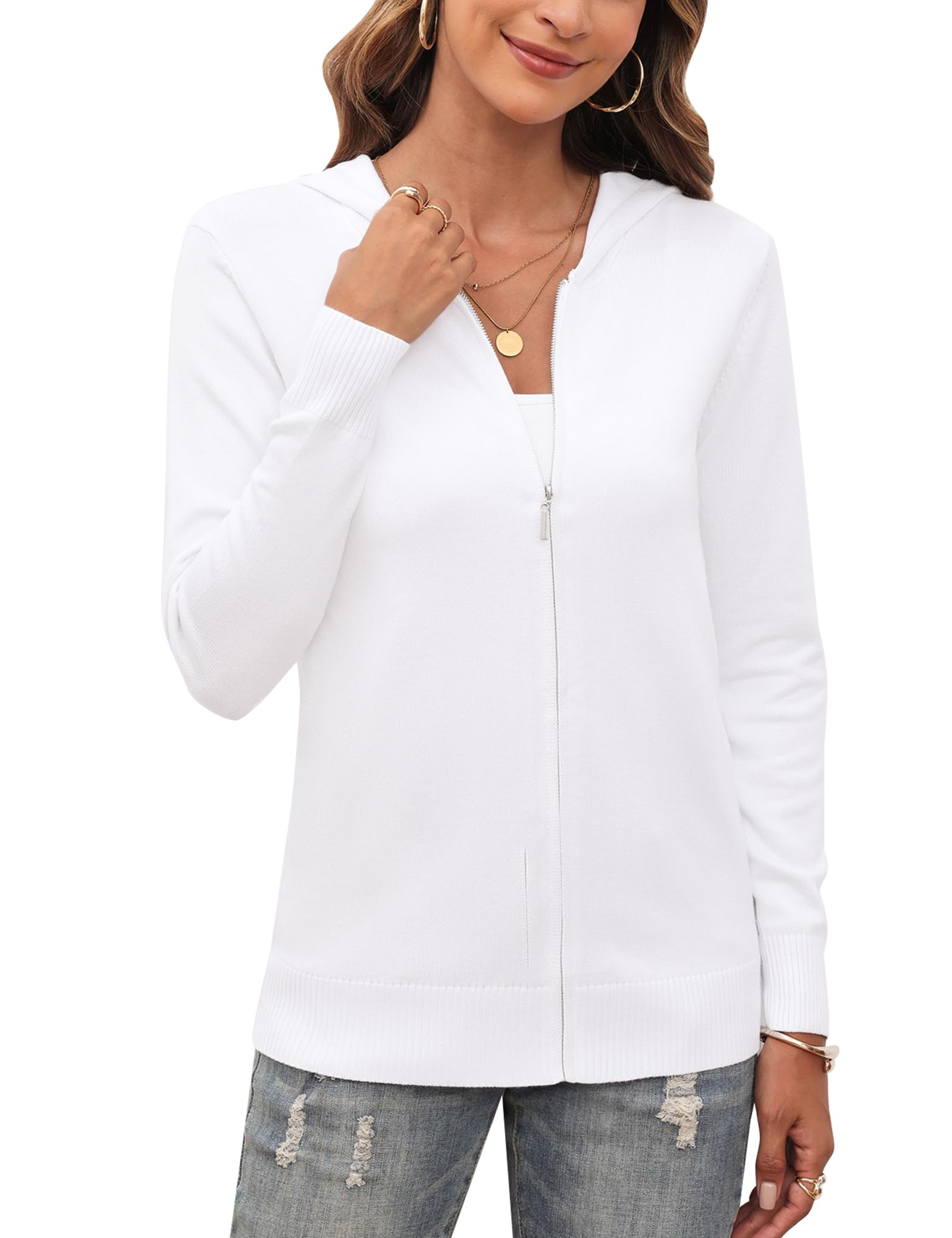 Aottori Cardigan Women Cardigan Knitted Zipper Hooded Long Sleeve Sweatshirt Ele