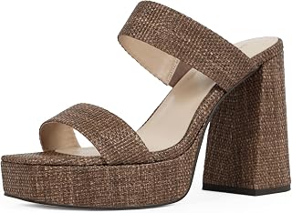 Platform Heels for Women Square Open Toe Chunky Heel Two Strap Sandals