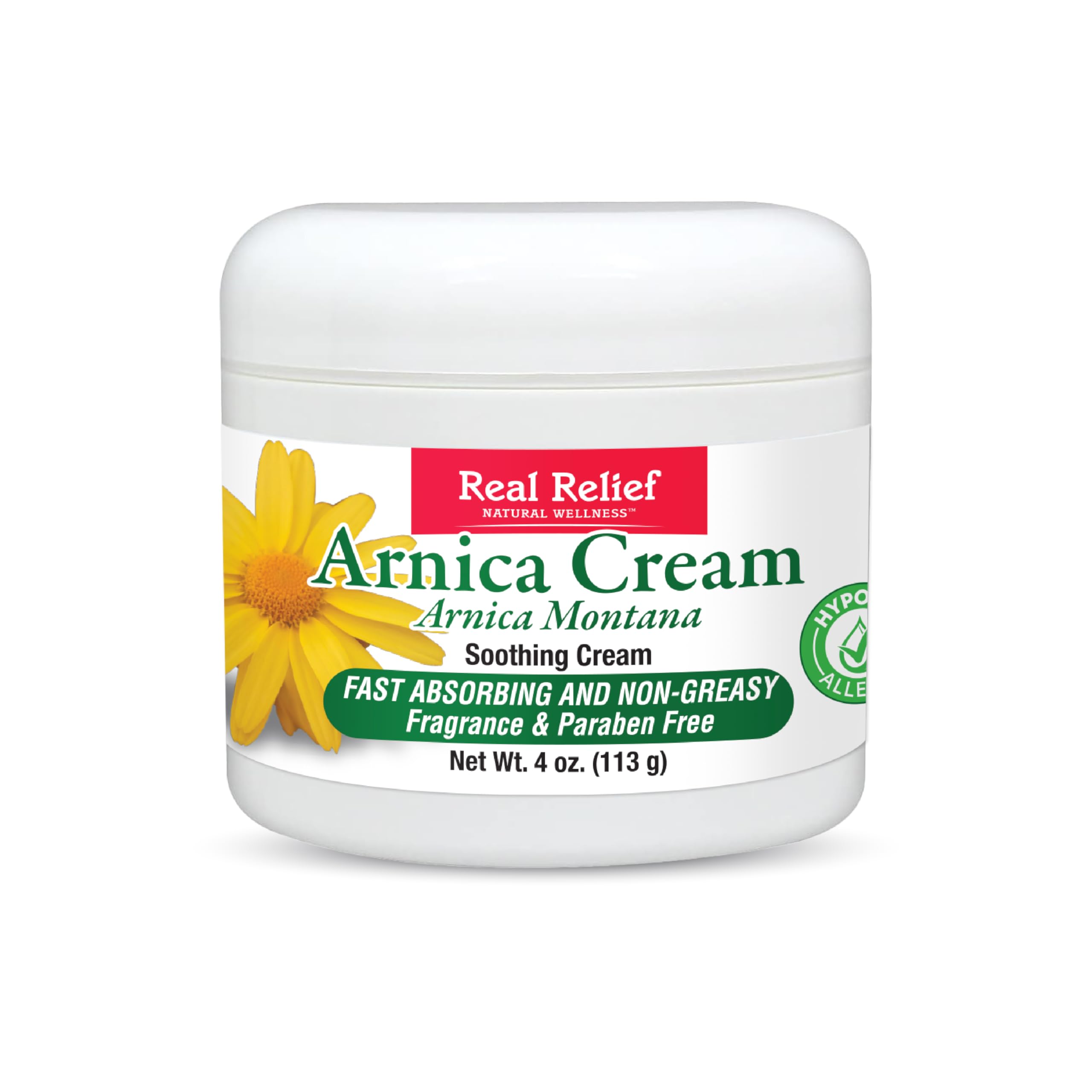 Real Relief Arnica Cream, Natural, Non-Greasy, Unscented, Hypoallergenic, 4 oz (