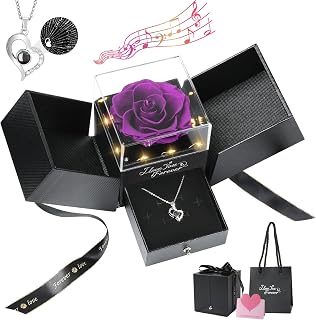 Emibele Eternal Preserved Rose with Necklace, Enchanted Real Rose Flower +