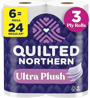 Quilted Northern Ultra Plush Toilet Paper, 6 Mega Rolls = 24 Regular Rolls | 3 ply soft toilet tissue for everyday comfort and convenience, 3x thicker for cleanliness and hygiene