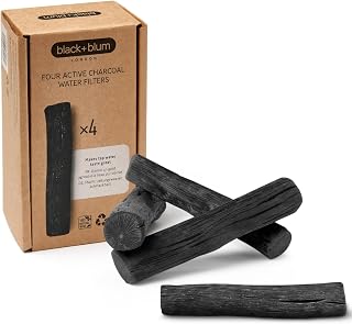 BLACK+BLUM | Charcoal Water Filter Sticks | Traditional Japanese Charcoal Water Filter System, Hydration + Carbon Filter for Water Bottles + Water Dispensers | 4 Pieces, Last 6 Months Each, Wood Black